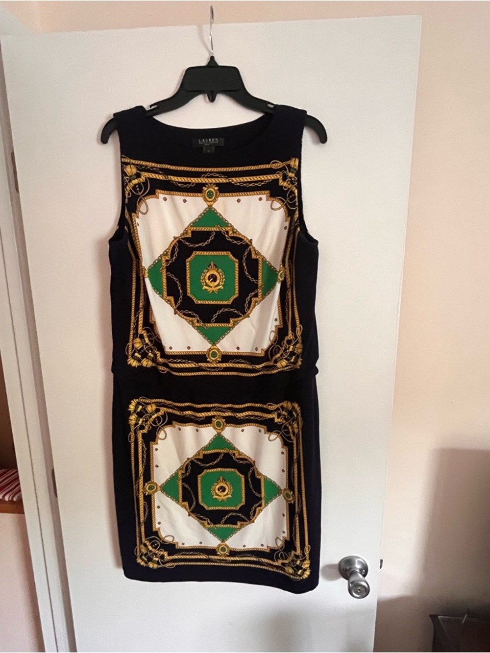 Ralph Lauren Black, Green & Gold Printed Sleeveless Shift Dress